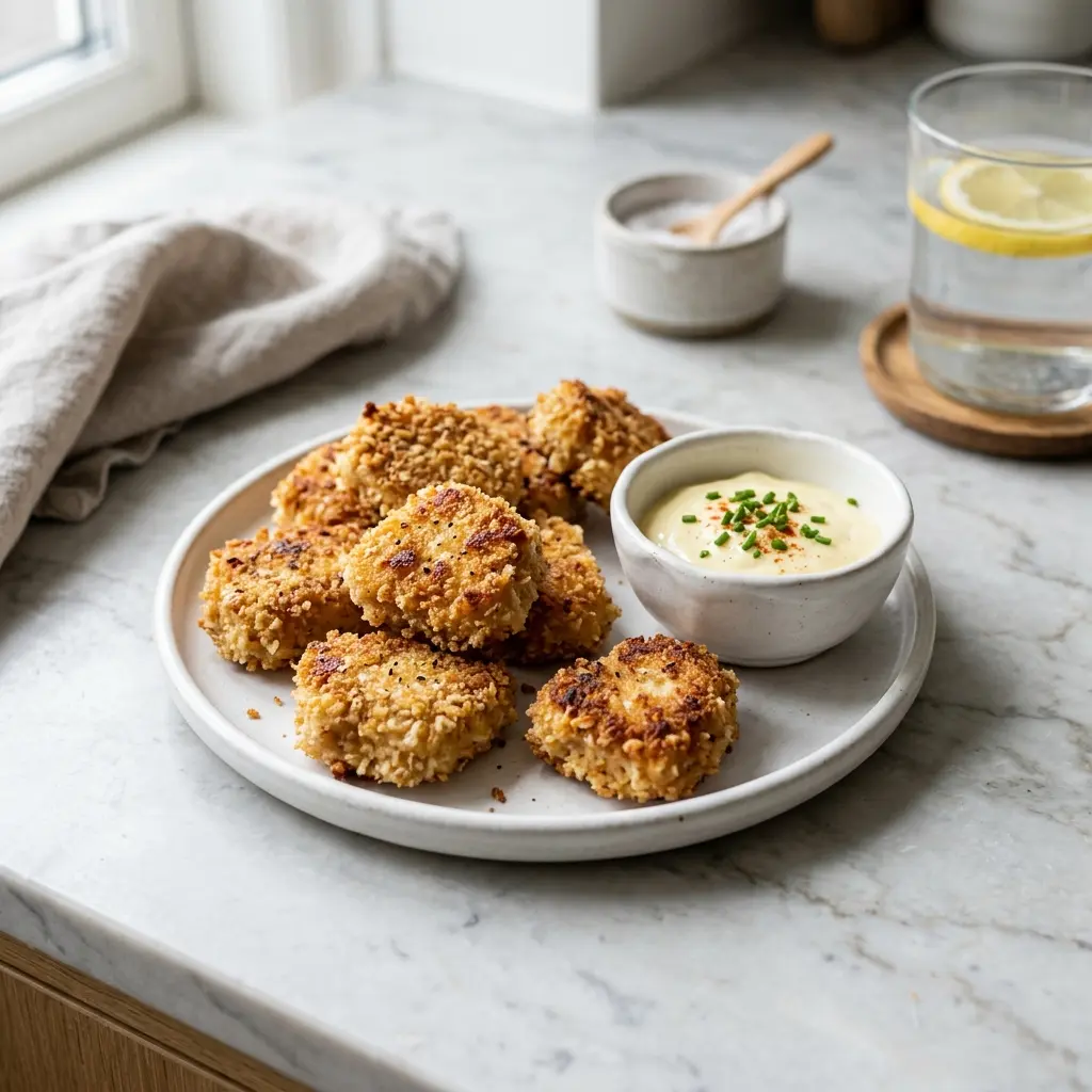 En tallerken med sprøde og gyldne hjemmelavede nuggets serveret med en lækker dyppelse til aftensmad