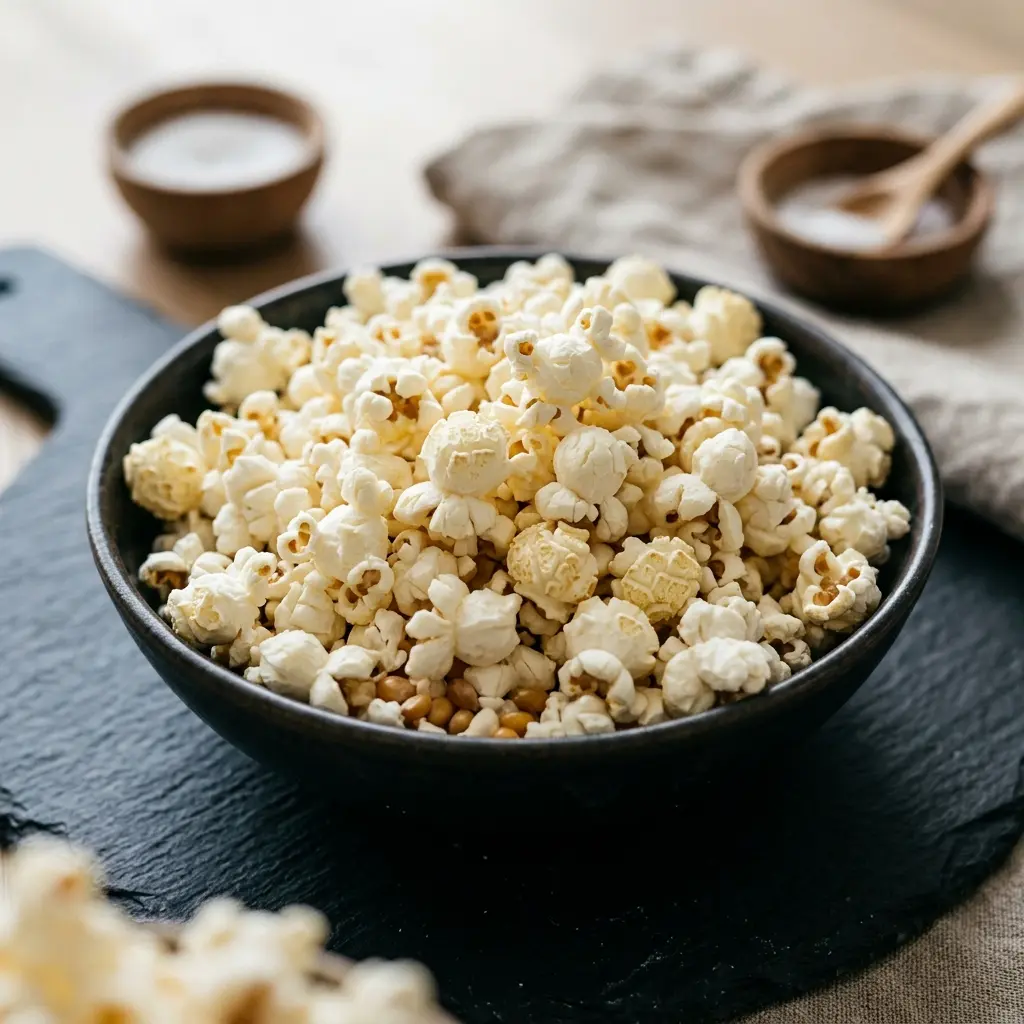 En skål med sprøde og lune hjemmelavede popcorn klar til en hyggelig filmaften derhjemme