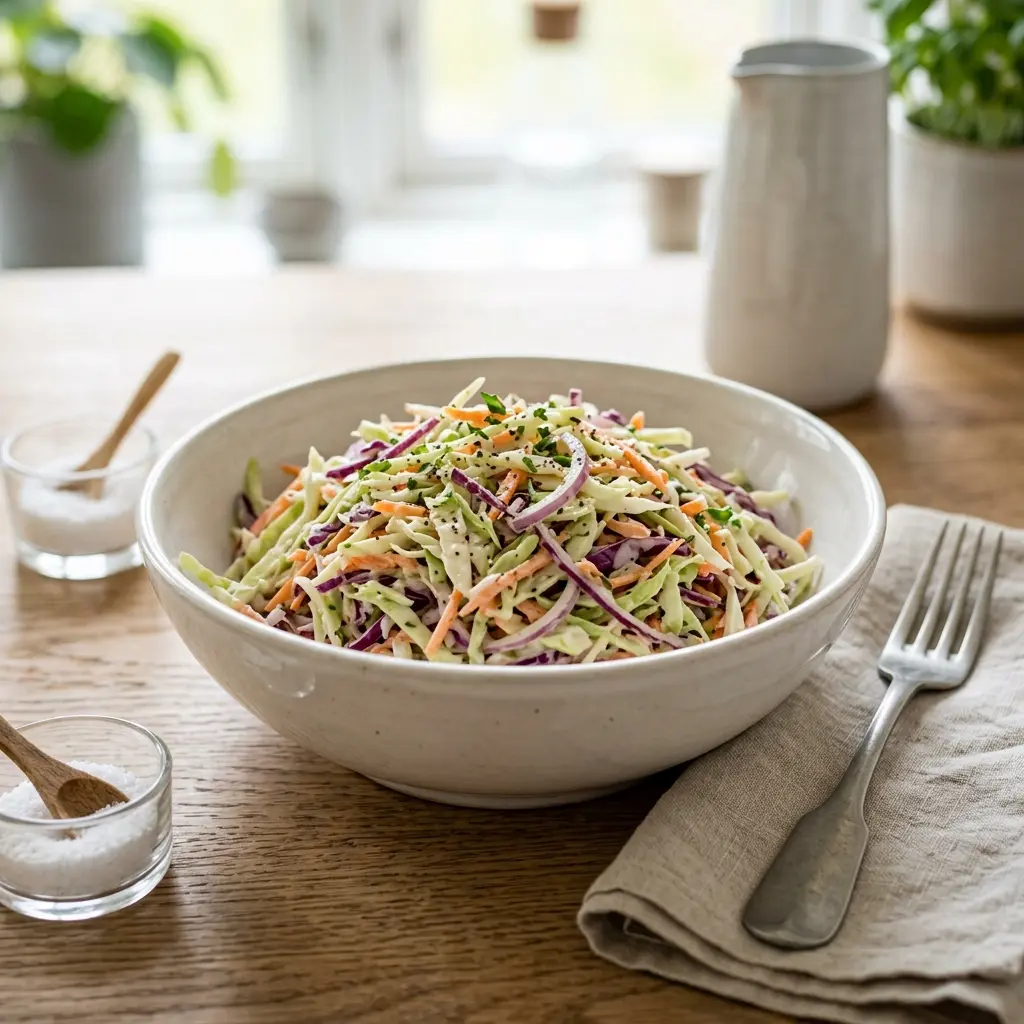 En skål med sprød og cremet hjemmelavet coleslaw toppet med friske krydderurter klar til servering