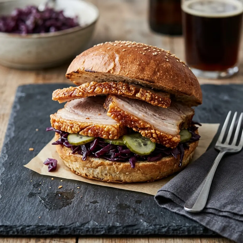 En lækker hjemmelavet flæskestegssandwich med sprøde svær og rødkål anrettet på en rustik tallerken