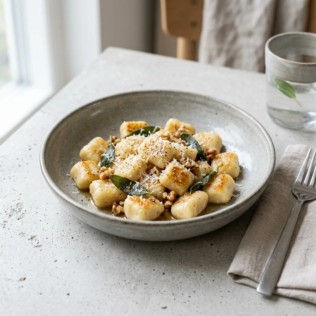 En tallerken med frisklavet hjemmelavet gnocchi serveret med en let sauce og friske krydderurter på toppen