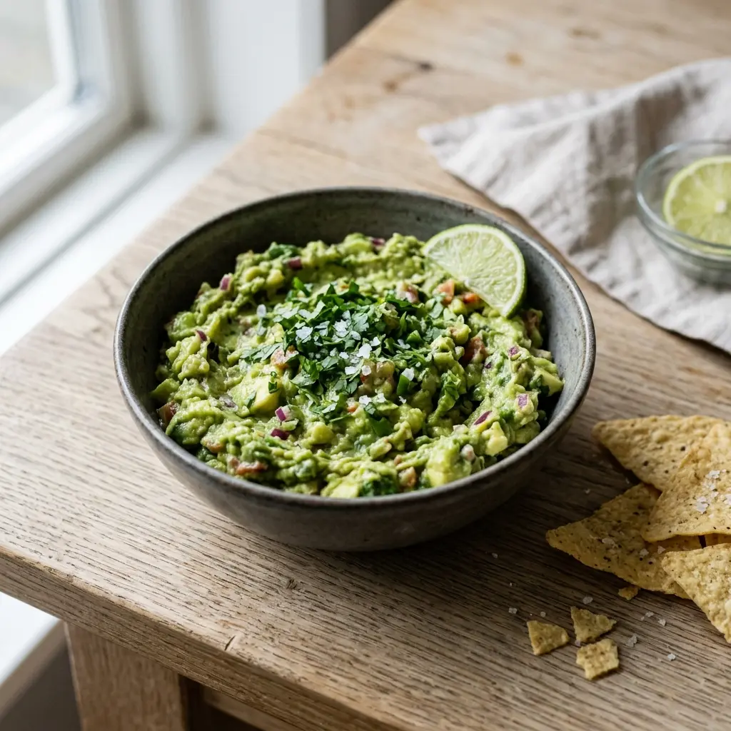 En skål med frisk hjemmelavet guacamole serveret med sprøde tortillachips til en hyggelig stund