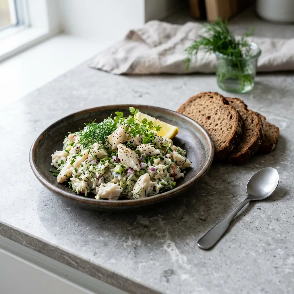 En lækker anretning af hjemmelavet krabbesalat serveret på en sprød skive ristet lyst brød