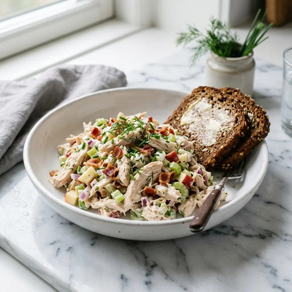 En lækker portion hjemmelavet kyllingesalat anrettet i en skål klar til at blive serveret på bordet