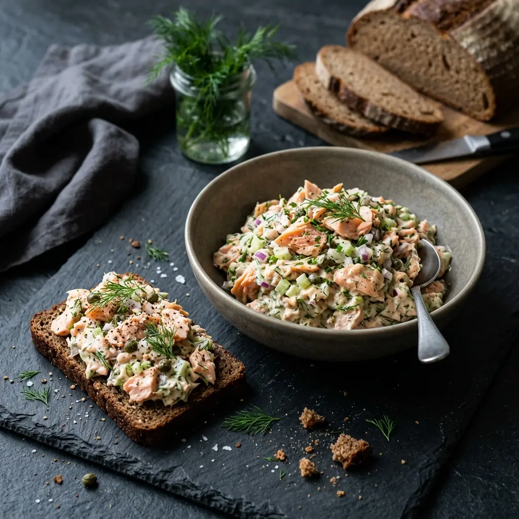 En lækker hjemmelavet laksesalat serveret i en skål som et sundt og velsmagende frokostmåltid