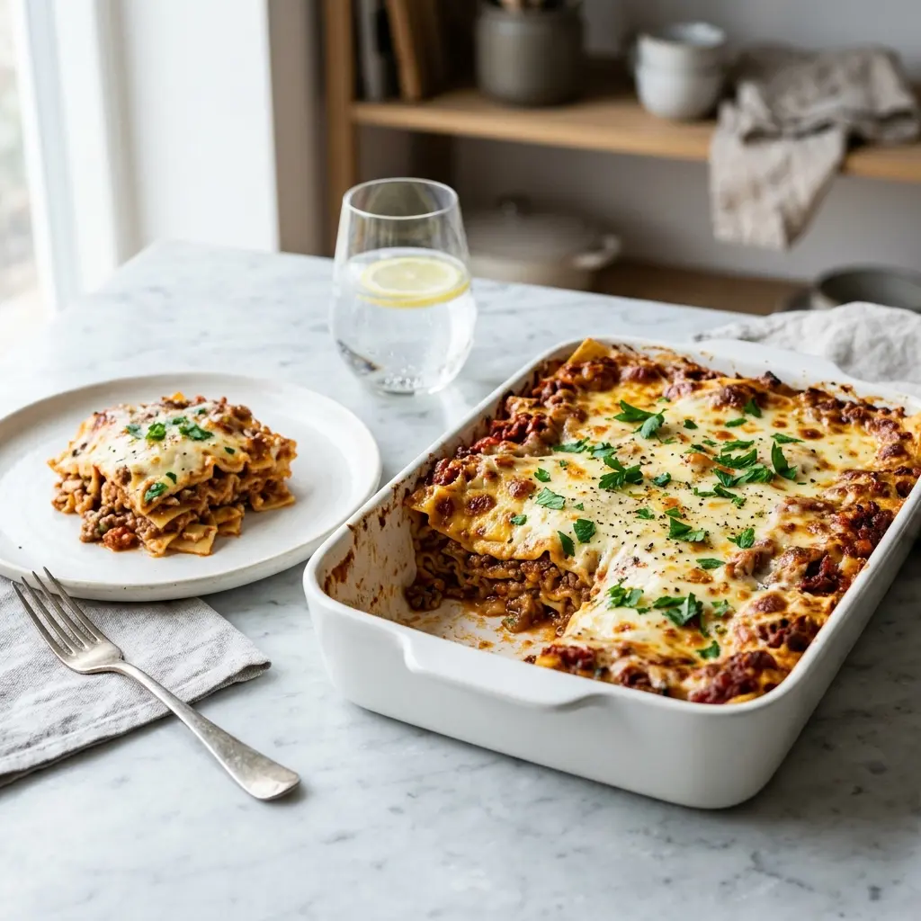 En lækker portion hjemmelavet lasagnette serveret på en tallerken med et drys af friskrevet parmesanost