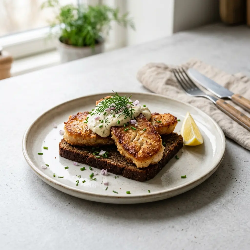 En tallerken med lækker hjemmelavet stegt torskerogn serveret med citron og friske krydderurter på toppen
