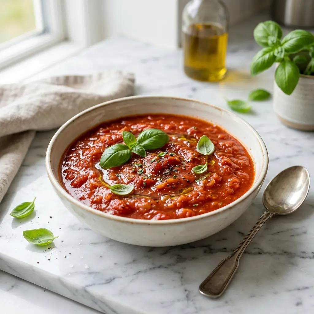 En skål med lækker hjemmelavet tomatsovs toppet med friske grønne krydderurter på et køkkenbord