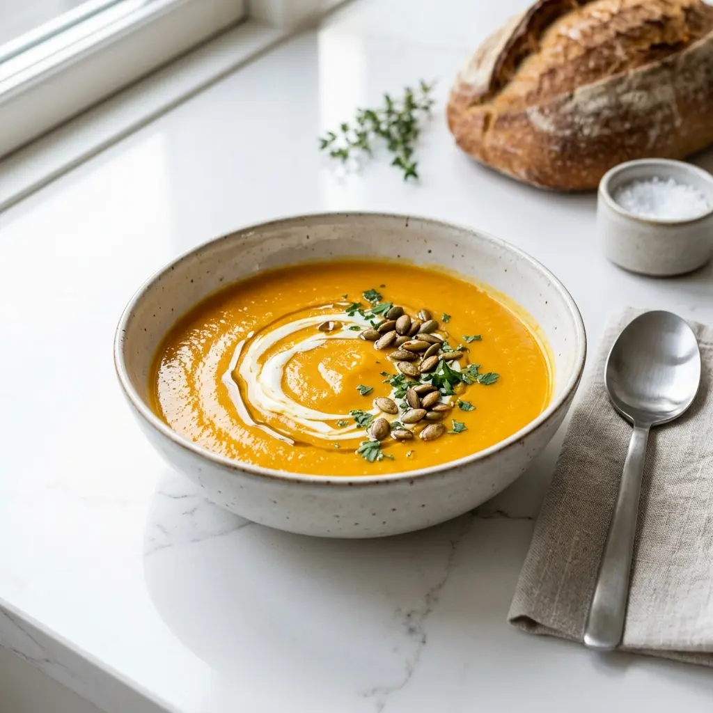 En varm og cremet hokkaidosuppe serveret i en dyb tallerken med et drys friske krydderurter