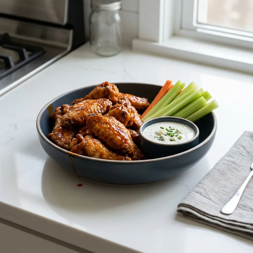 En tallerken med krydrede hot wings serveret med en frisk dip og sprøde grøntsager