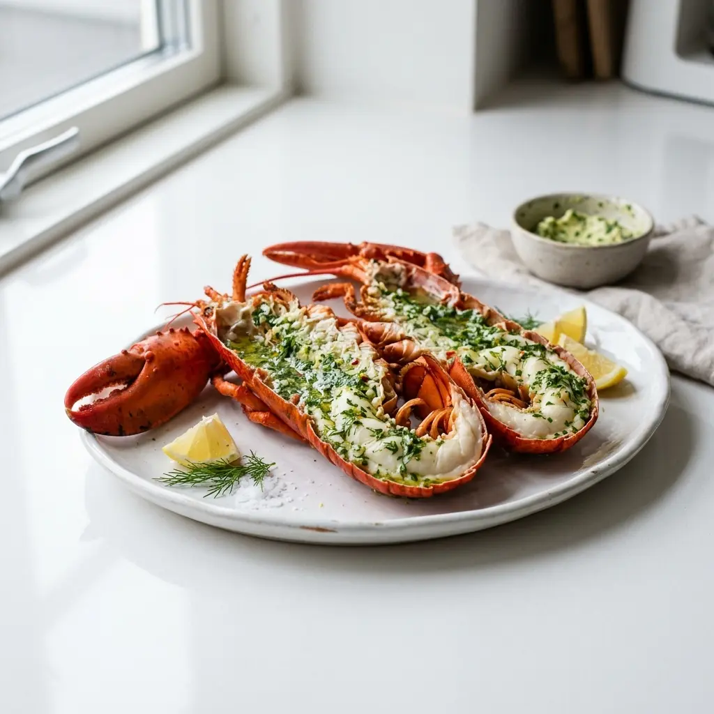 En lækker anretning af grillet hummer med kryddersmør serveret på en elegant hvid tallerken
