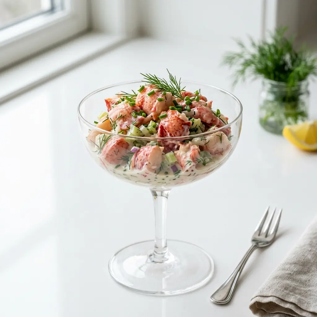En lækker og frisk hummersalat anrettet på en tallerken klar til at blive serveret