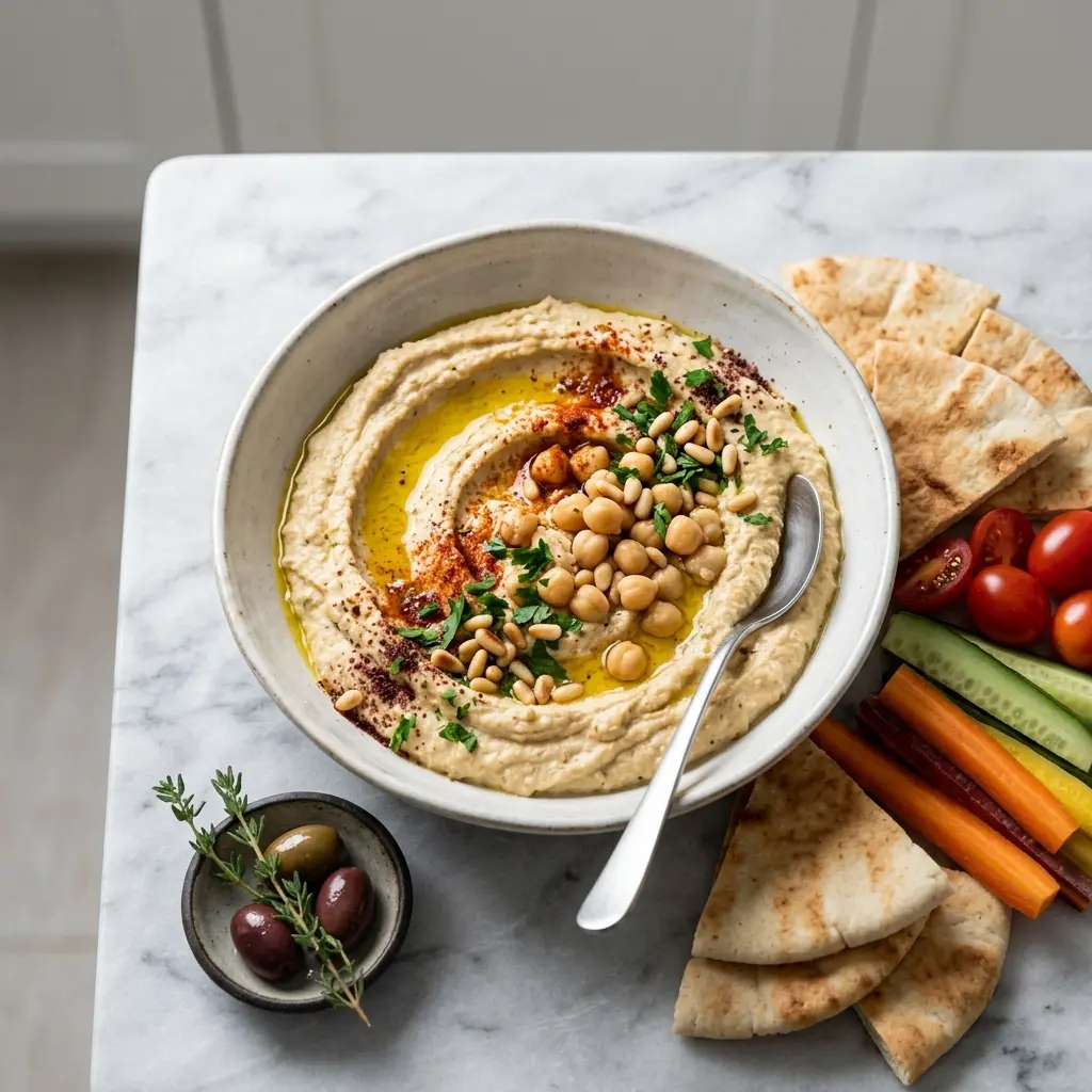 En skål med cremet hjemmelavet hummus toppet med olivenolie og friske krydderurter klar til servering