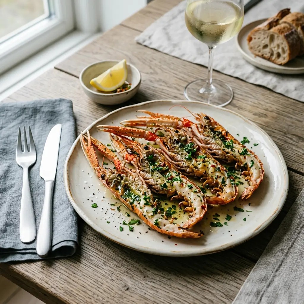 En tallerken med lækre hvidløgsmarinerede jomfruhummere serveret med friske krydderurter og citron til en middag.