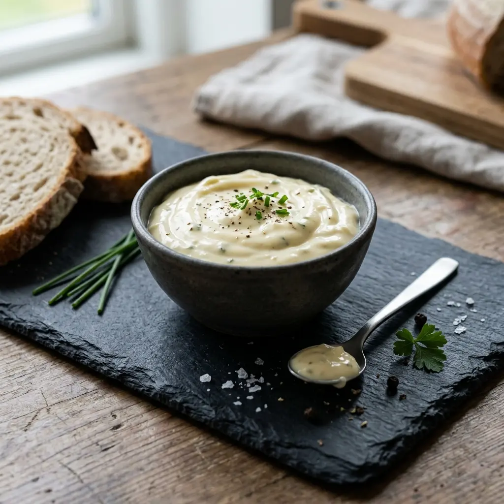 En lille skål med hjemmelavet cremet hvidløgsmayonnaise placeret på et lyst køkkenbord klar til servering