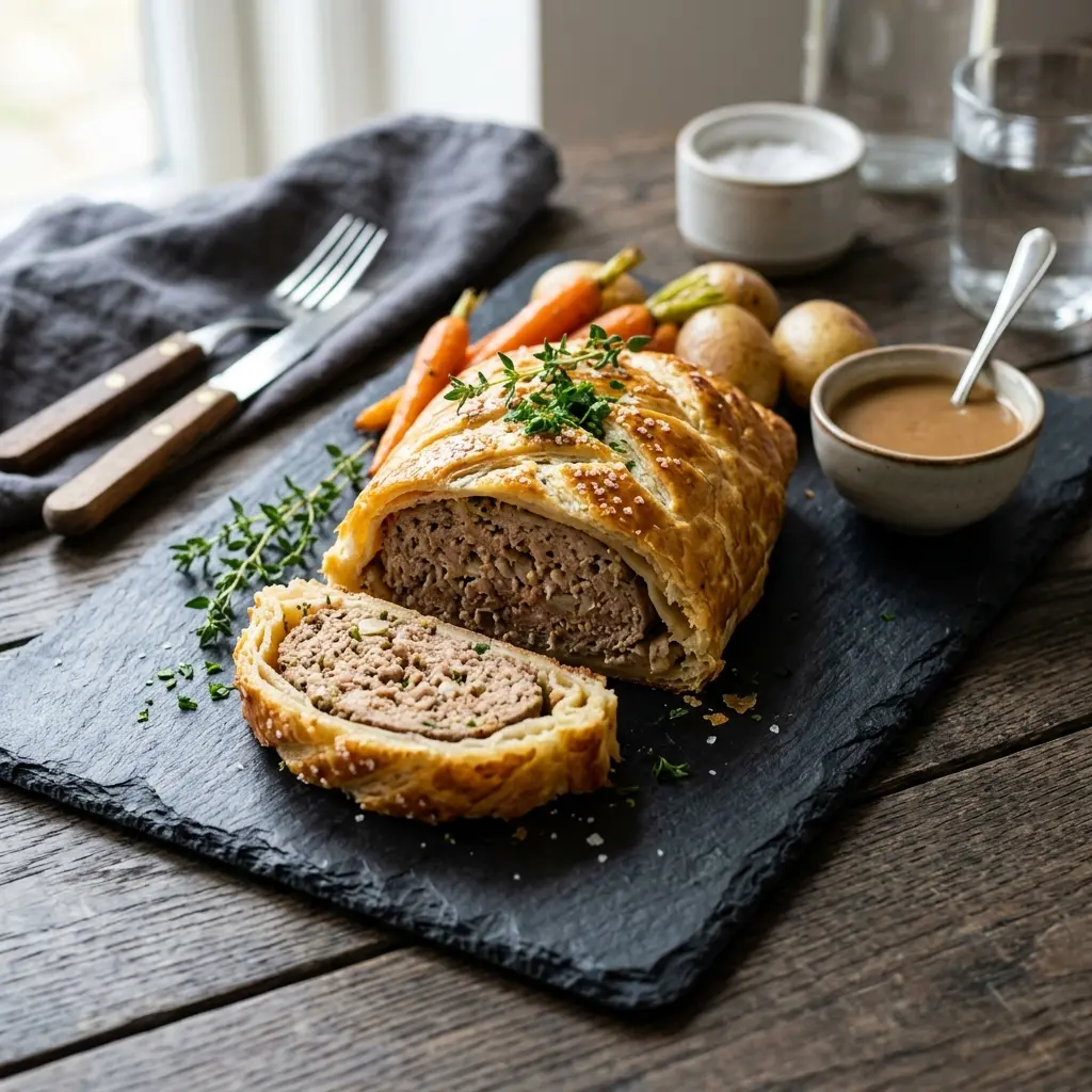 Et lækkert og gyldenbrunt indbagt farsbrød serveret på et skærebræt klar til at blive skåret