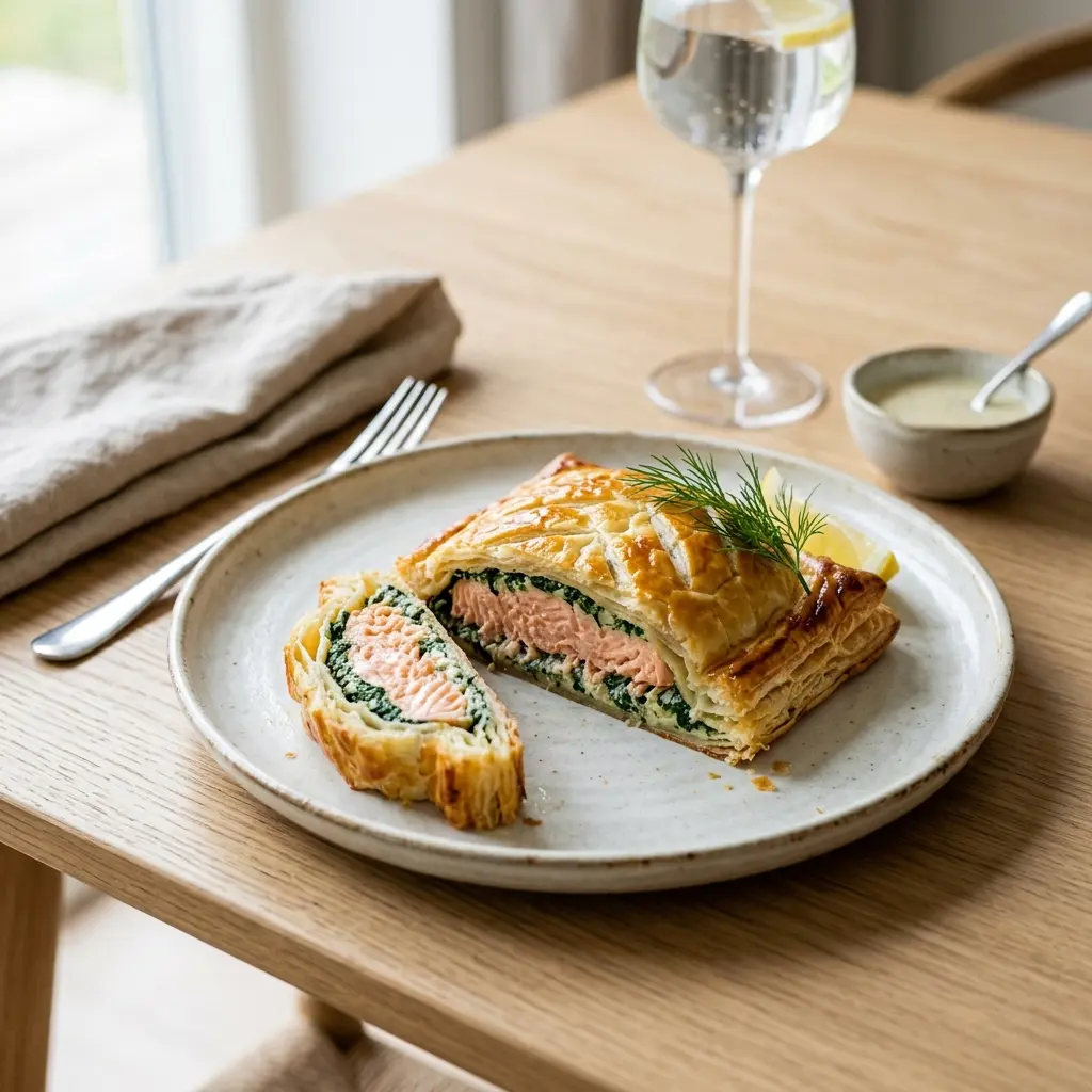 En lækker indbagt laks med sprød butterdej serveret på et flot fad til en middag