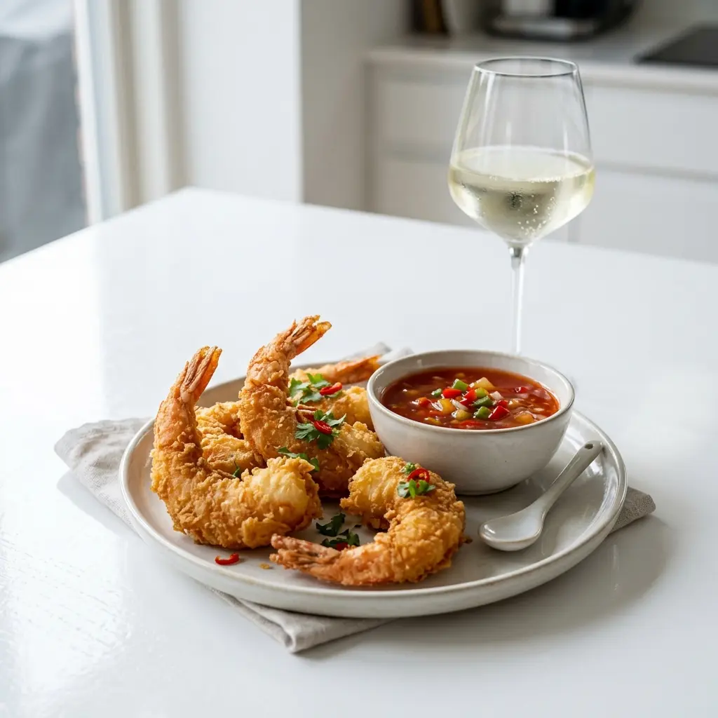 En tallerken med sprøde indbagte rejer med sursød sauce klar til at blive serveret varm