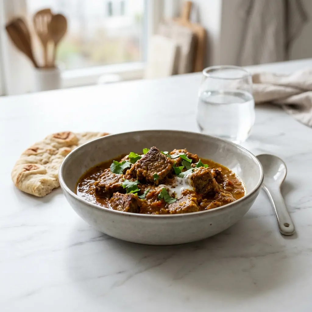 En velsmagende indisk oksegryde serveret i en dyb skål med friske krydderurter på toppen