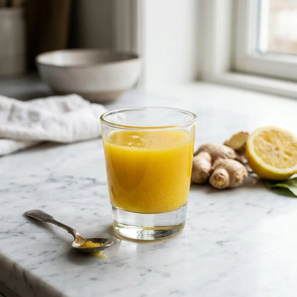 Et glas med et hjemmelavet ingefærshot placeret på et lyst køkkenbord klar til servering