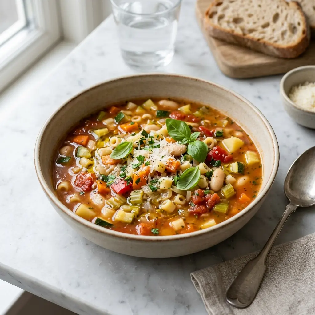 En varm og farverig italiensk grøntsagssuppe serveret i en dyb tallerken med friske krydderurter på toppen