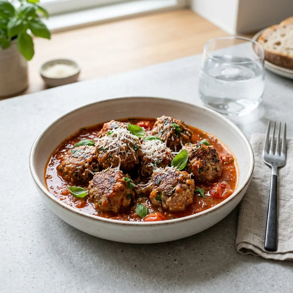 En tallerken med lækre italienske kødboller serveret i en rig og velsmagende tomatsovs med krydderurter