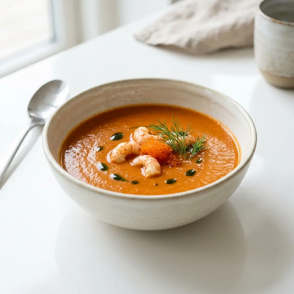 En elegant tallerken med hjemmelavet jomfruhummer bisque pyntet med friske krydderurter og en cremet konsistens