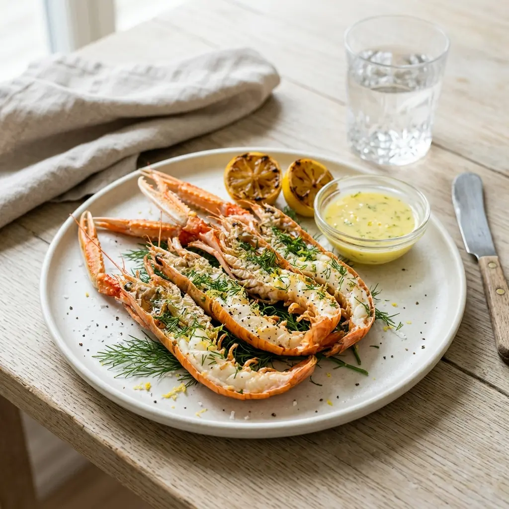 En smukt anrettet tallerken med jomfruhummer med dild og citron klar til servering