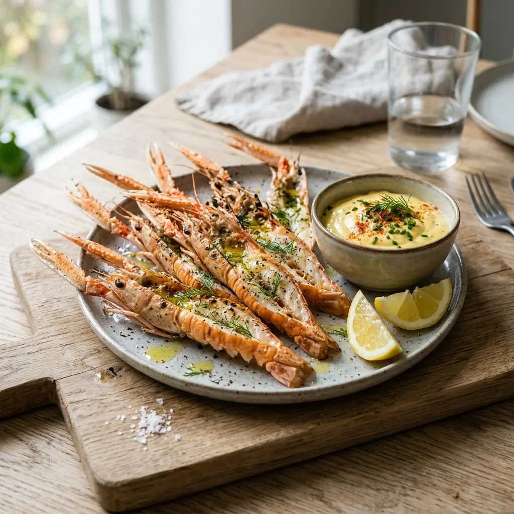 En flot anretning af grillede jomfruhummere med aioli serveret på en hvid tallerken