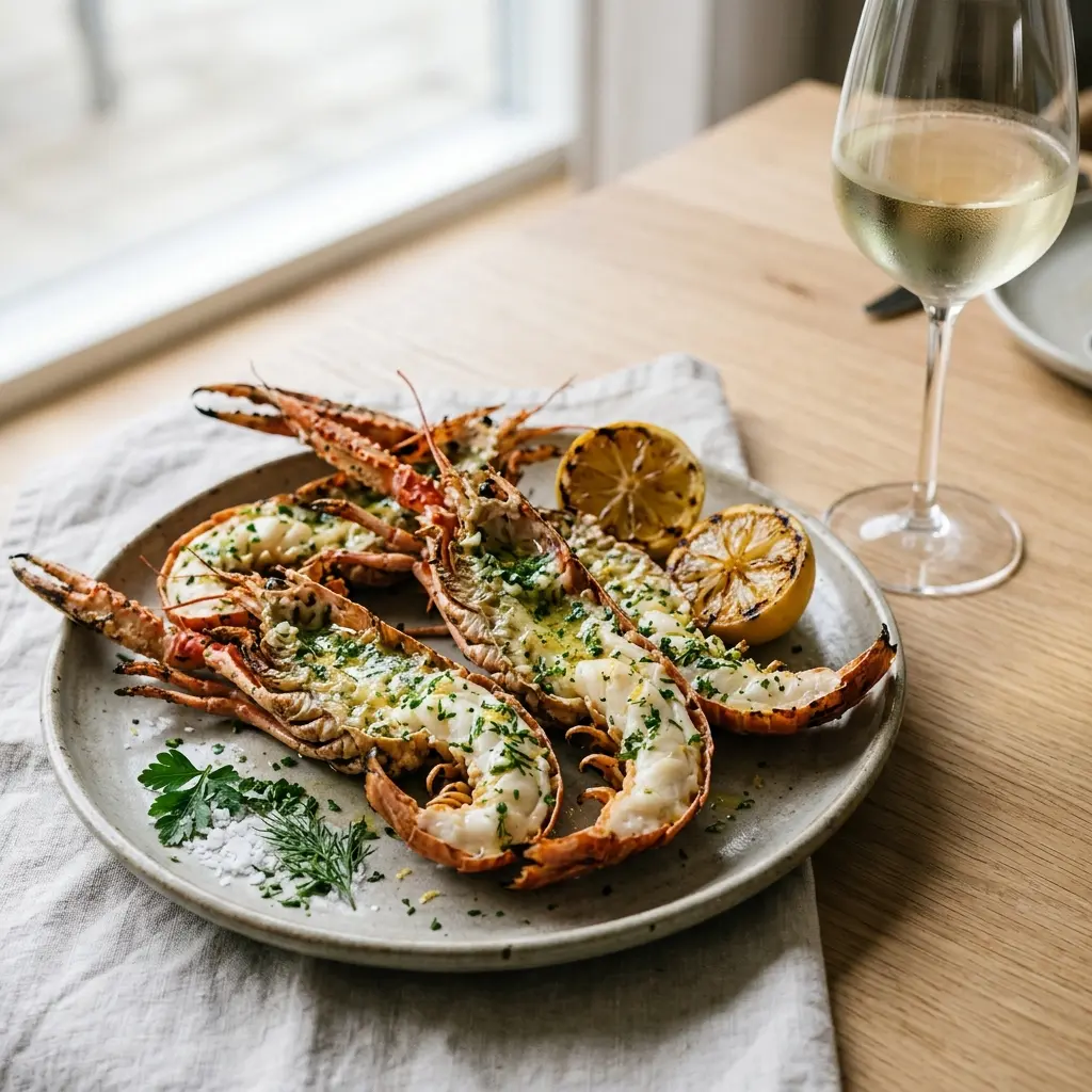 En lækker tallerken med grillede jomfruhummere med kryddersmør serveret som en elegant og velsmagende forret