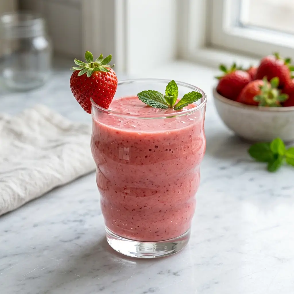 Et glas med en frisk og cremet jordbærsmoothie pyntet med et par friske bær på toppen
