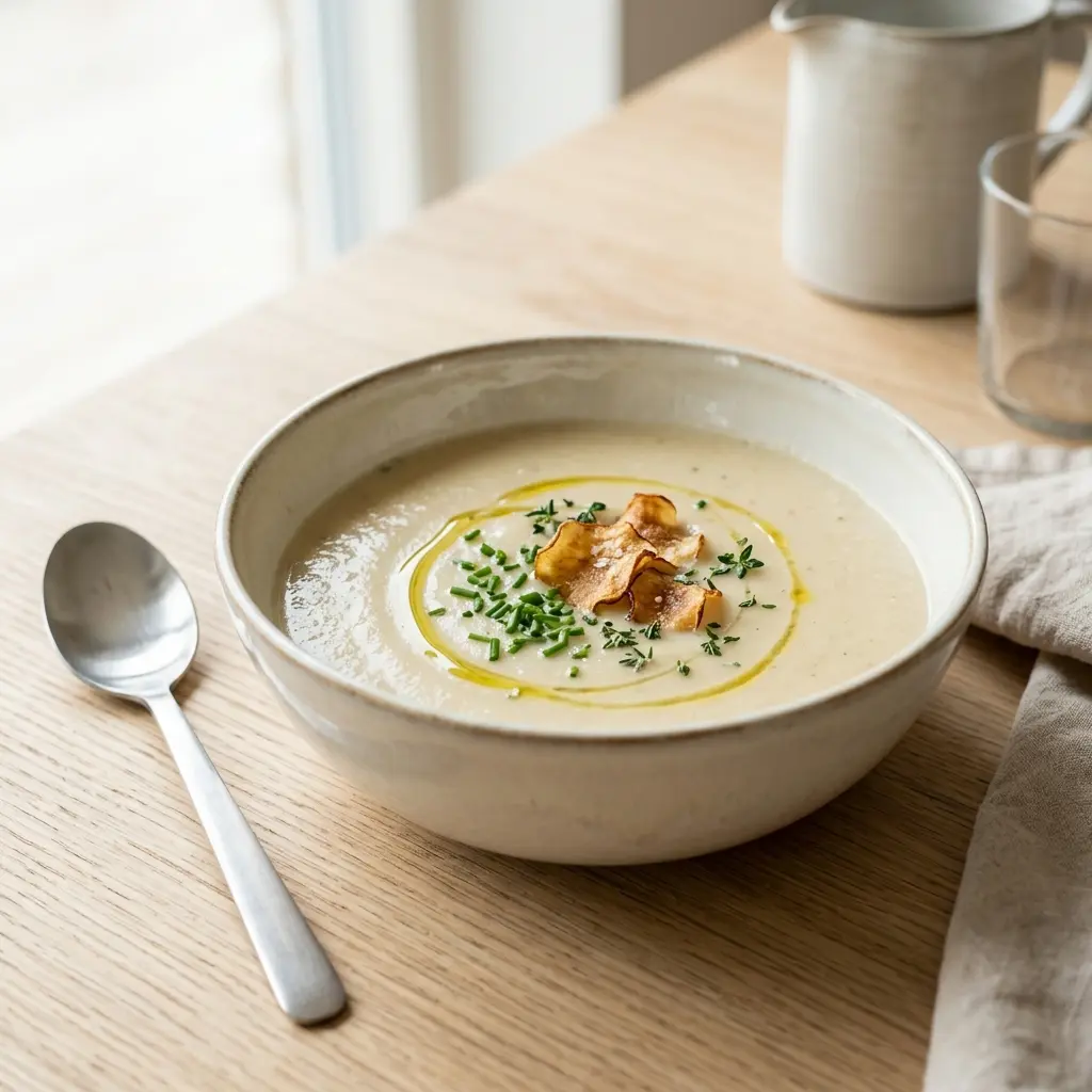 En cremet og varm jordskokkesuppe serveret i en dyb tallerken med et drys af friske krydderurter