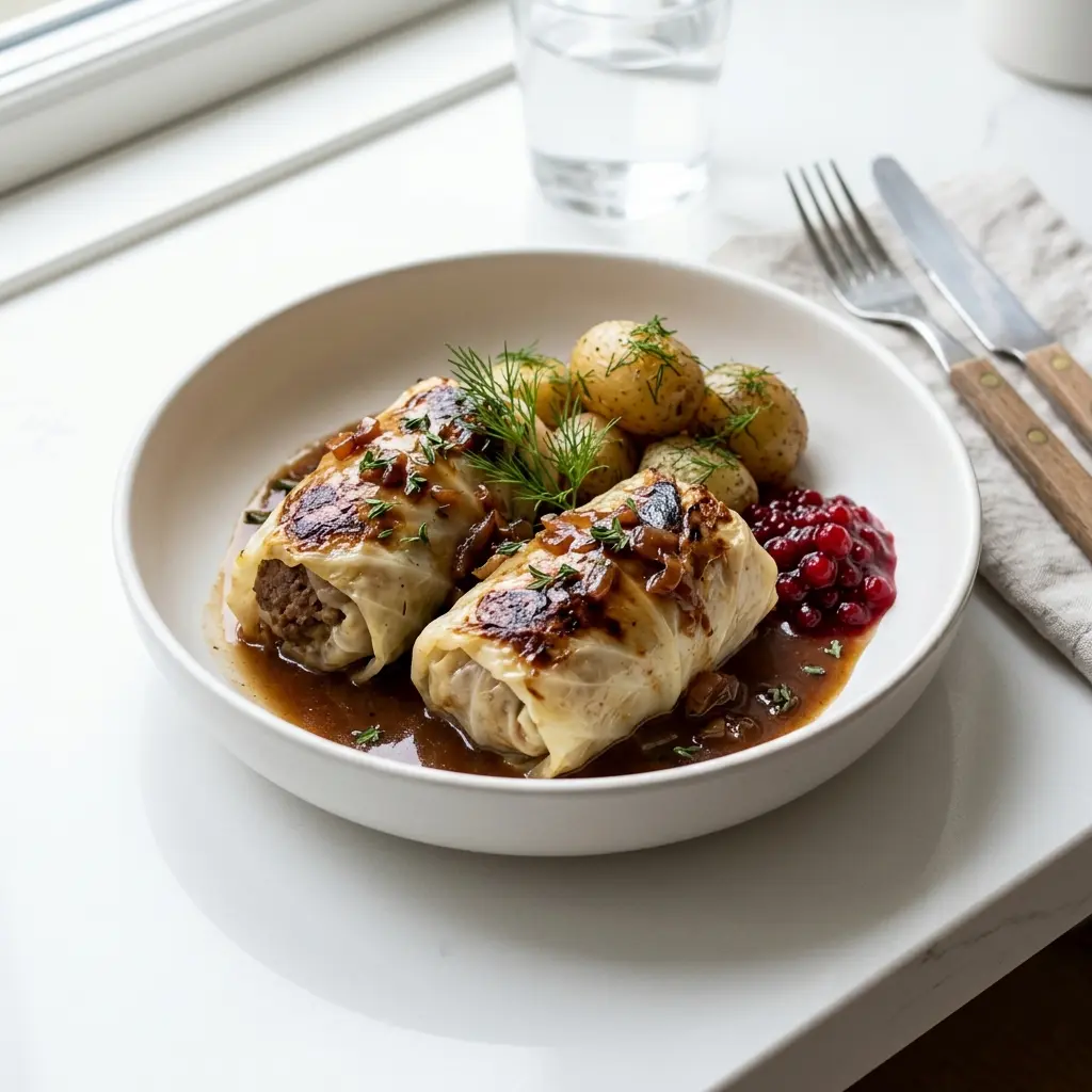 En tallerken med hjemmelavede kaalrouletter serveret med en cremet sauce og friske krydderurter paa toppen