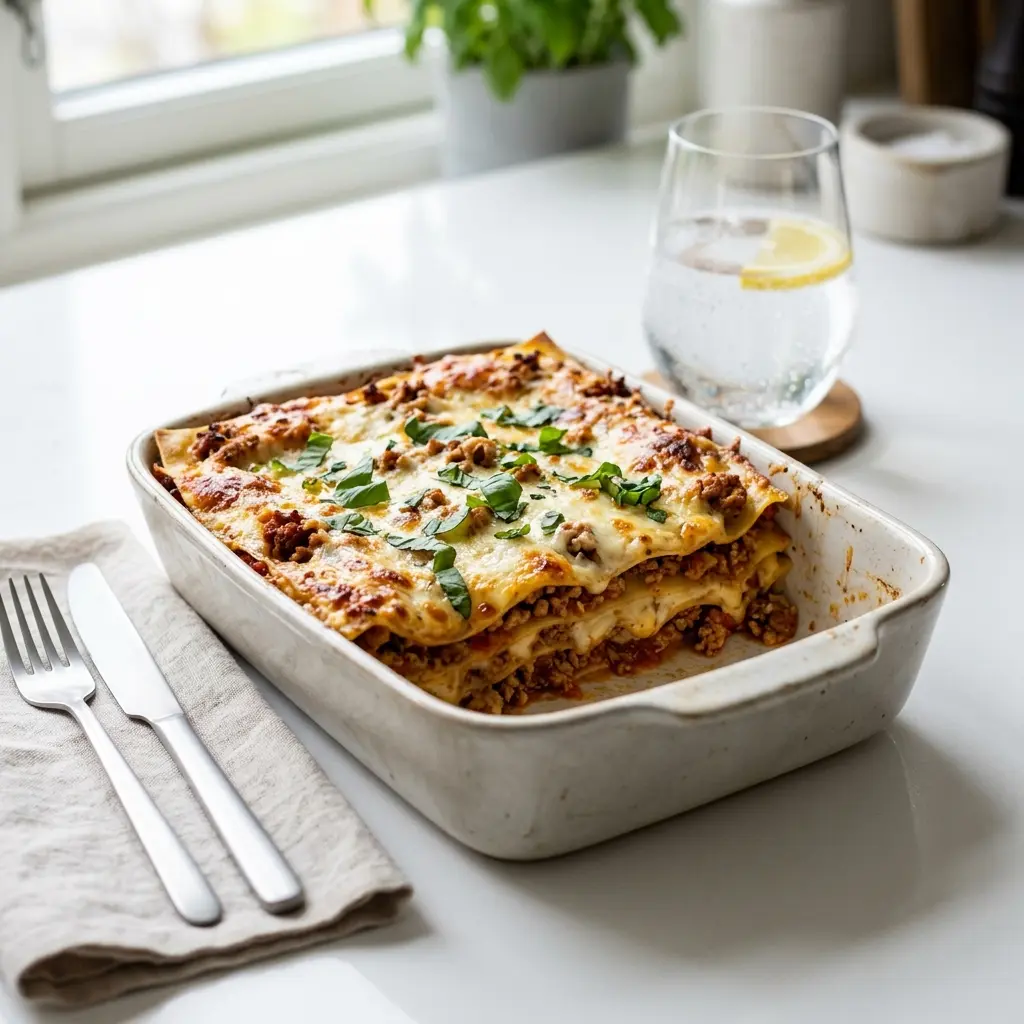En lækker hjemmelavet kalkunlasagne serveret i et ildfast fad med smeltet ost på toppen