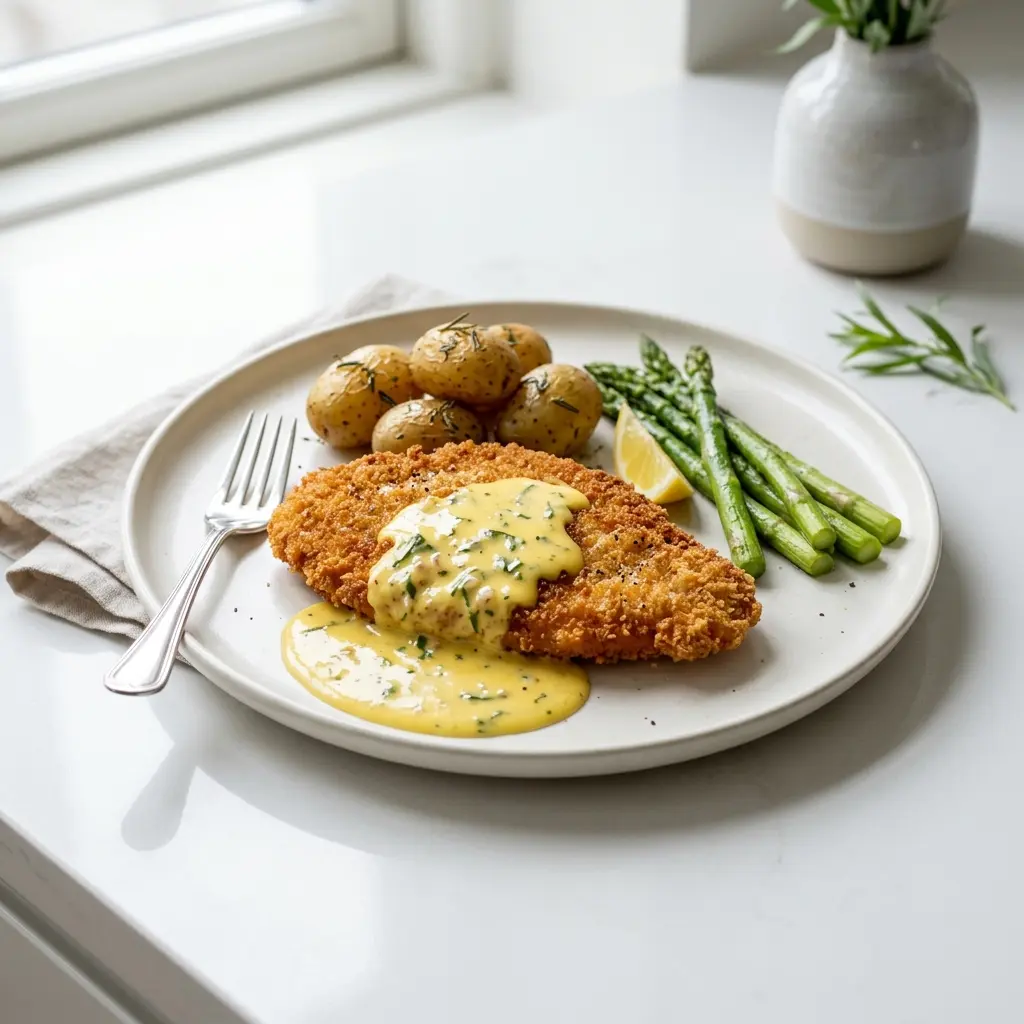 En lækker og sprødstegt kalkunschnitzel med bearnaise serveret på en hvid tallerken klar til servering
