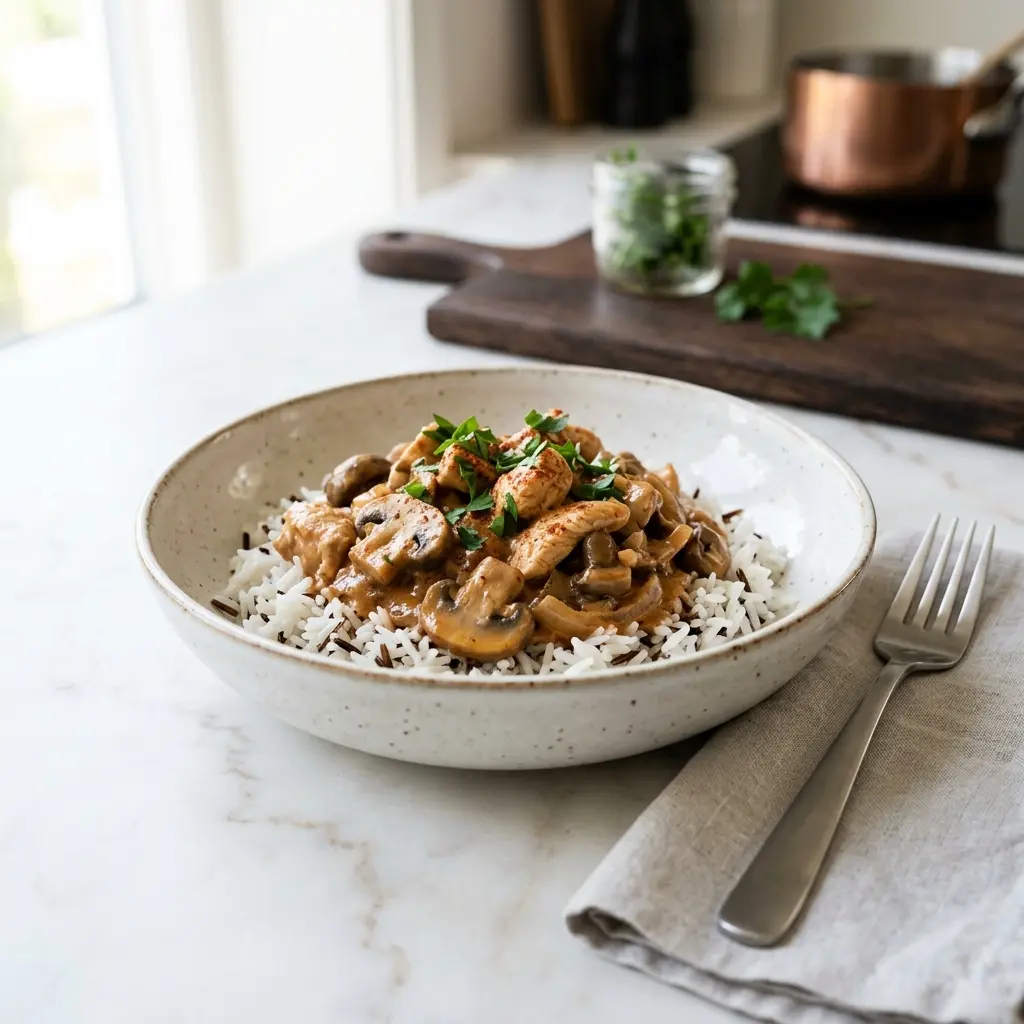 En lækker og cremet kalkunstroganoff serveret i en dyb tallerken med friske krydderurter på toppen