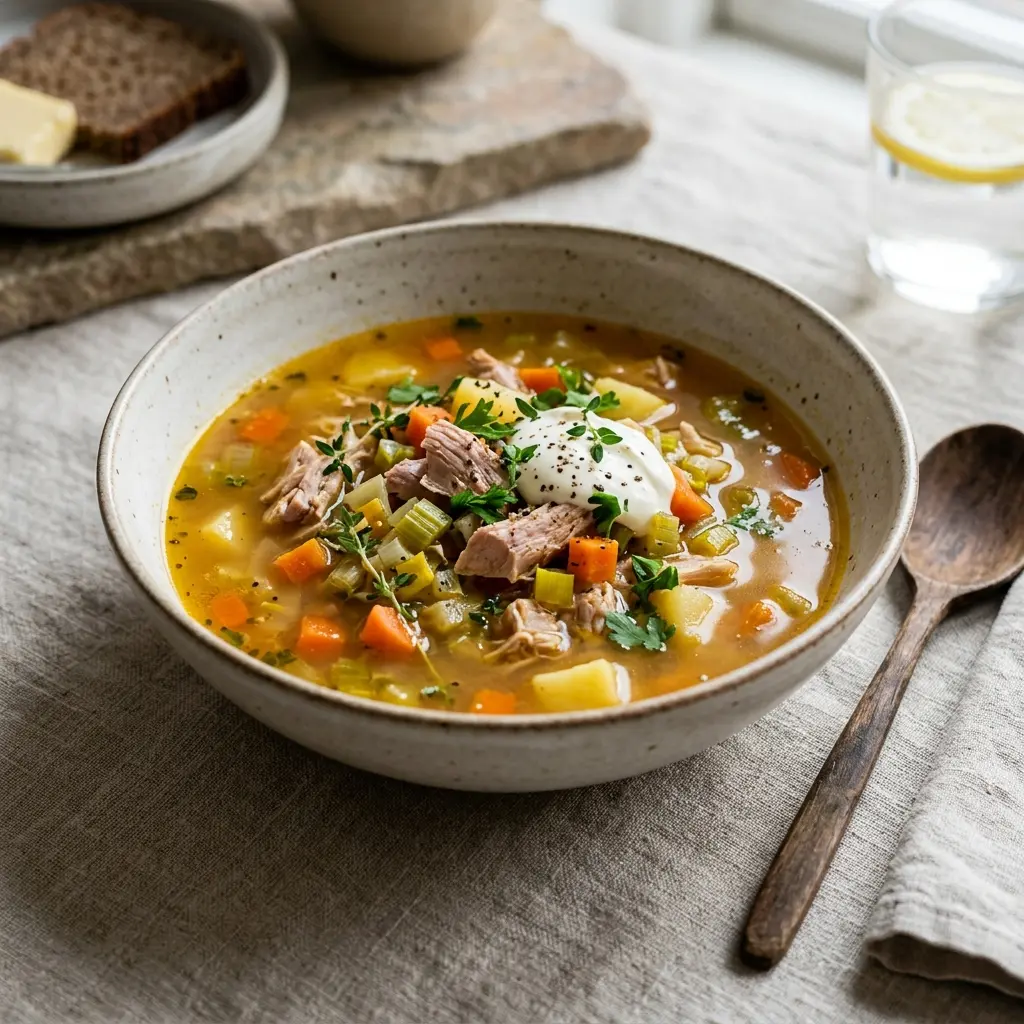 En varm og nærende hjemmelavet kalkunsuppe serveret i en dyb tallerken med friske grøntsager og urter