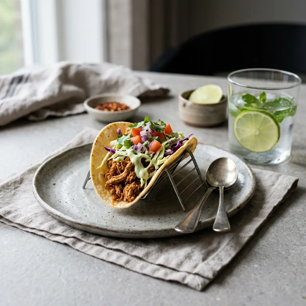 En tallerken med friske kalkuntacos serveret med grøntsager og en lækker krydret topping til aftensmad
