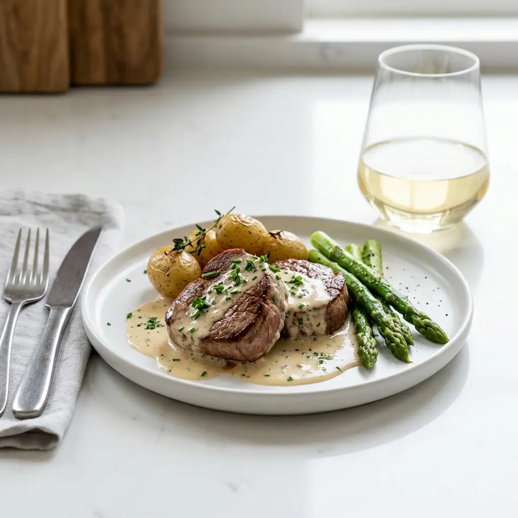 En lækker tallerken med mørt kalv med hvidvinssauce serveret med friske krydderurter og tilbehør