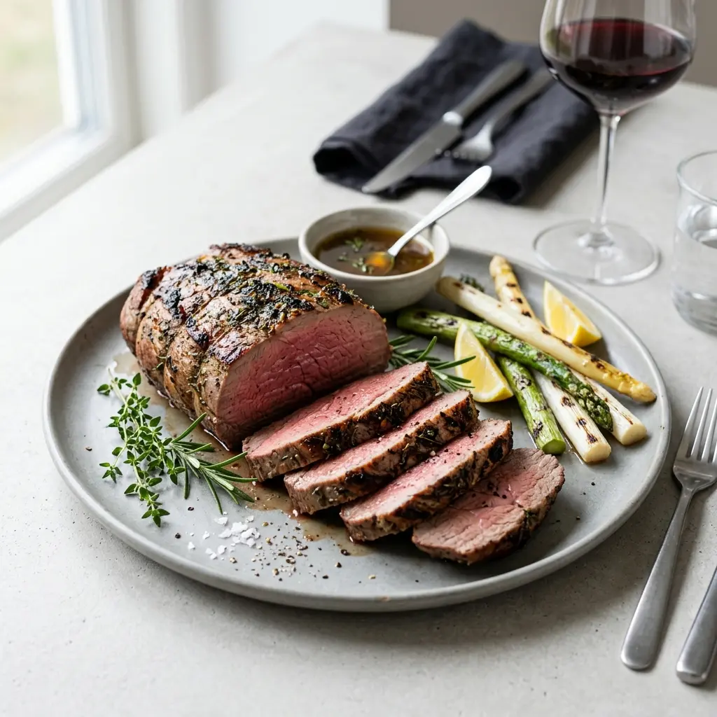 En lækker og mør kalveculotte å grill serveret som et flot stykke grillet kød