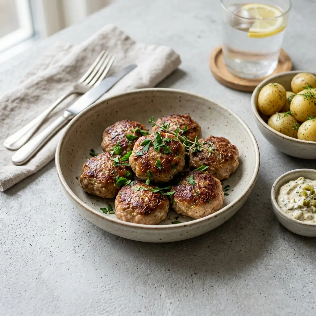 En tallerken med nystegte kalvefrikadeller serveret med klassisk tilbehør på et lyst køkkenbord