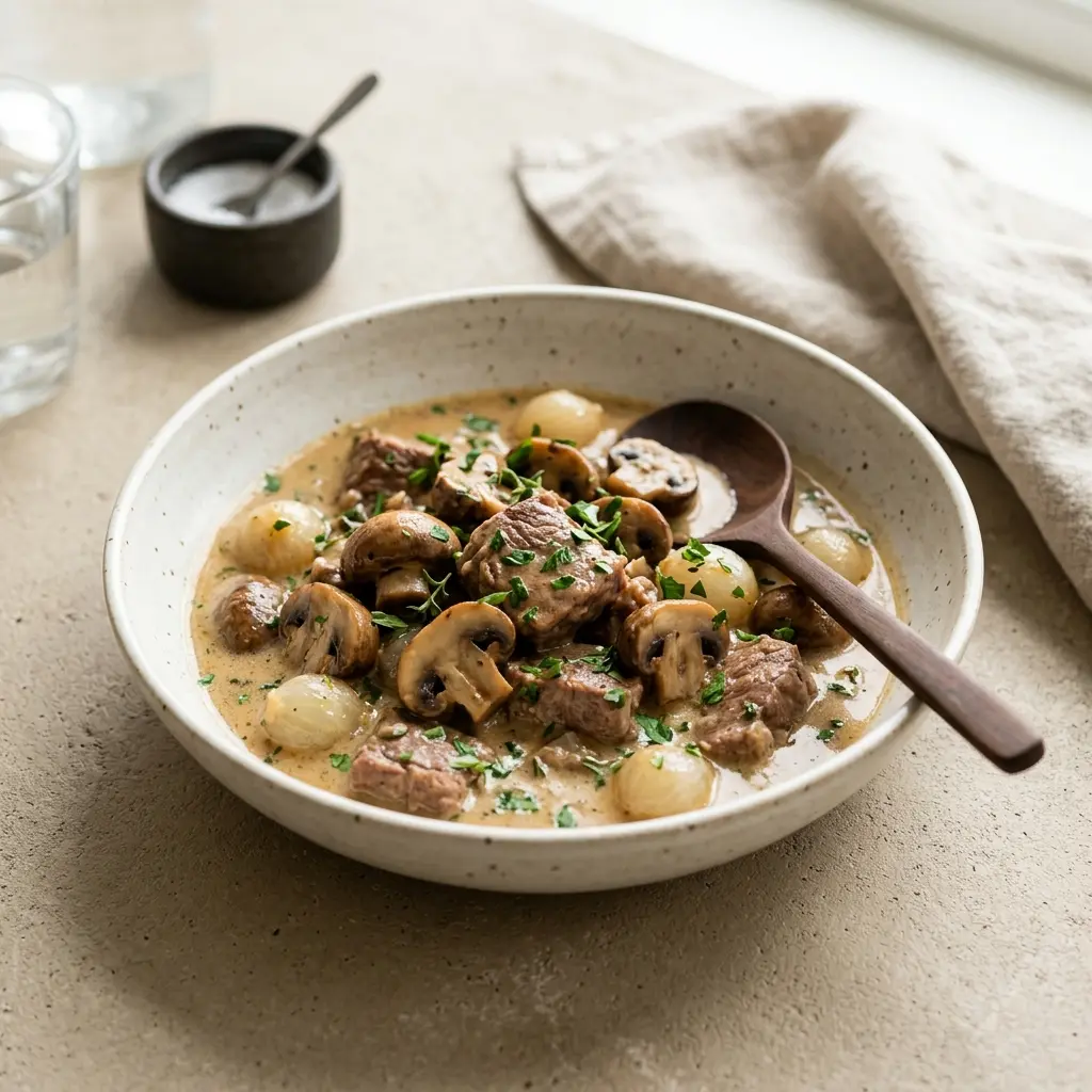 En lækker og cremet kalvegryde med champignon serveret i en dyb tallerken med friske krydderurter