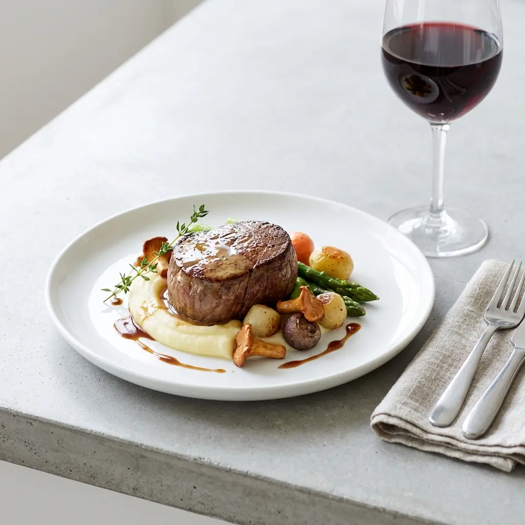 En lækker og mør kalvemedaljon serveret på en tallerken med klassisk tilbehør og god sauce
