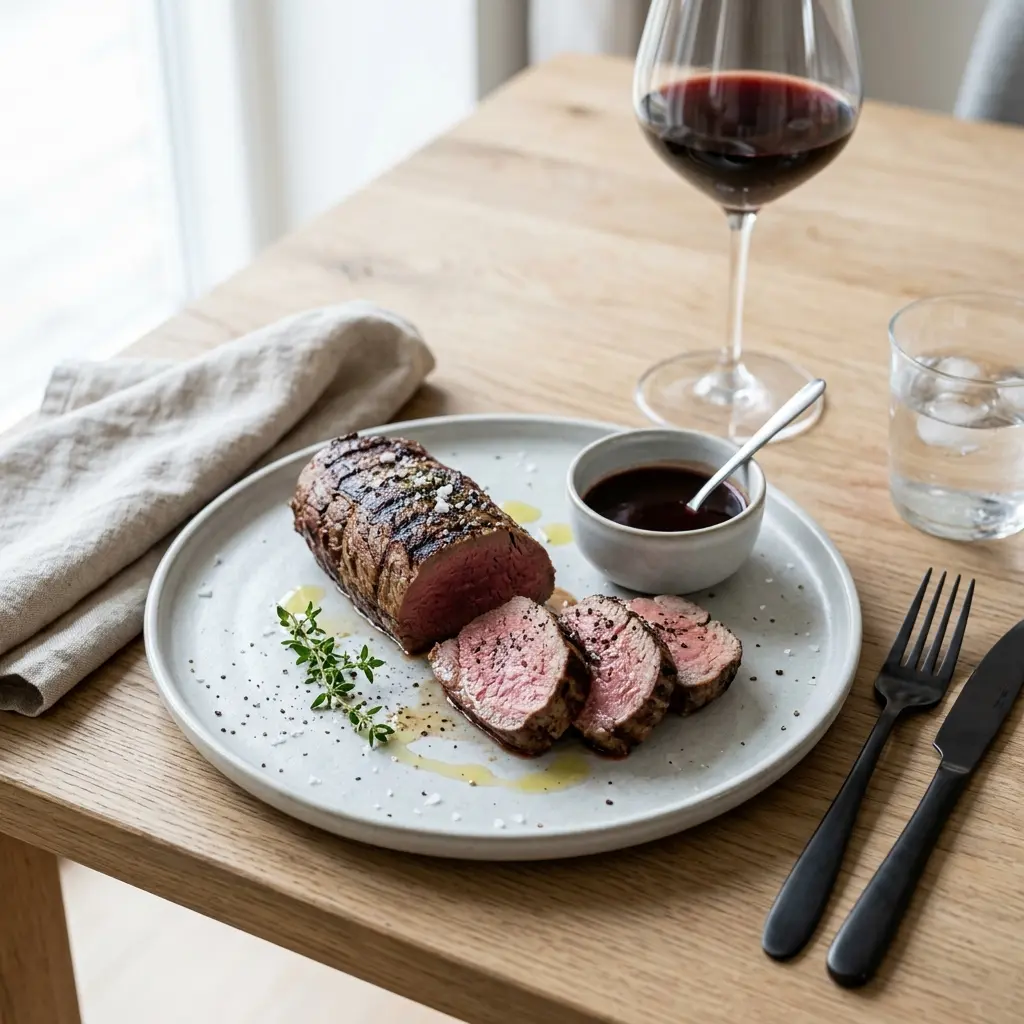 En saftig og veltilberedt kalvemørbrad å grill serveret på et flot fad til middag