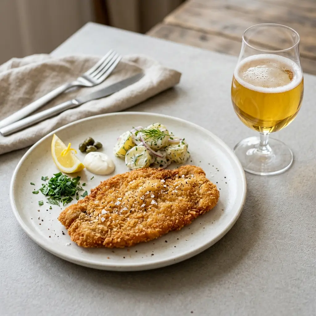 En veltilberedt klassisk kalveschnitzel serveret på en hvid tallerken med lækkert tilbehør og citron