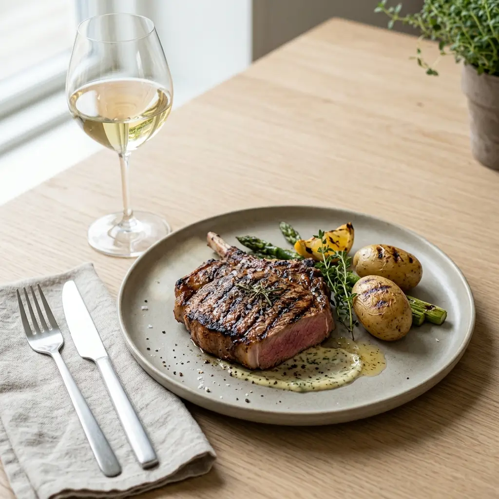 En saftig og veltilberedt kalveskotelet å grill serveret med friske krydderurter på en tallerken