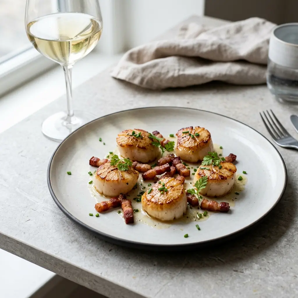 Lækre stegte kammuslinger med bacon serveret som en elegant forret på en hvid tallerken