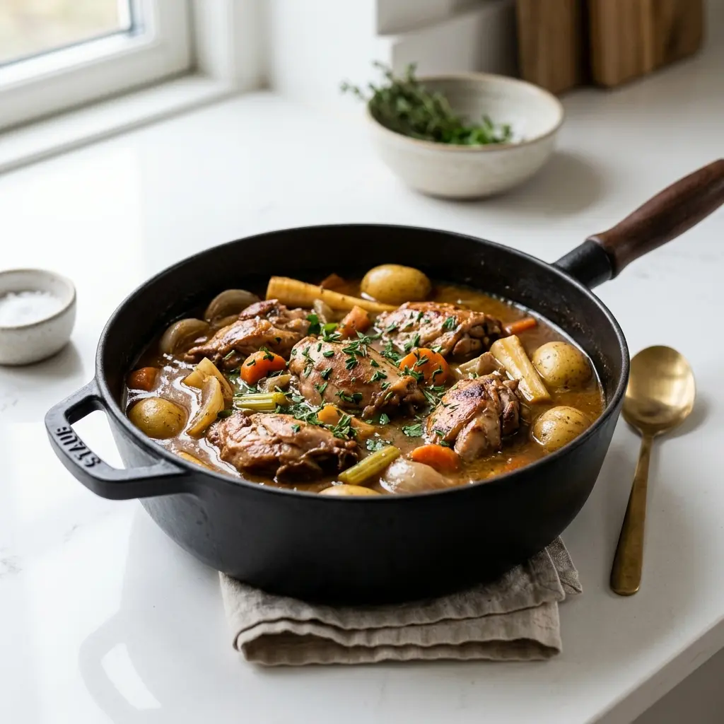 En lækker og mør kanin i gryde serveret med friske krydderurter i en rustik serveringsskål
