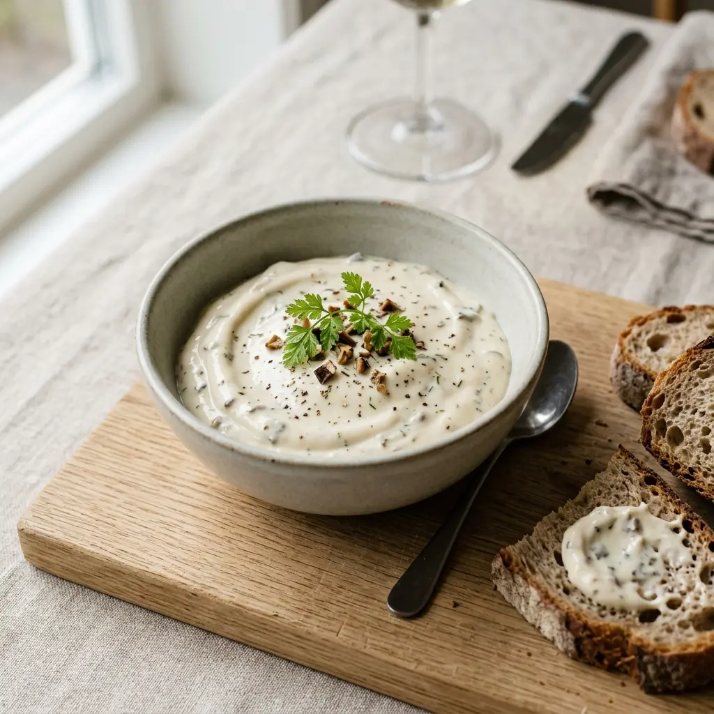 En hjemmelavet karl johan mayonnaise serveret i en lille skål klar til brug