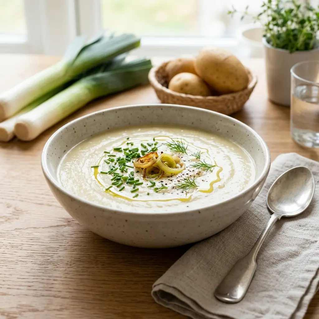 En cremet og varm kartoffel porre suppe serveret i en dyb tallerken med friske krydderurter